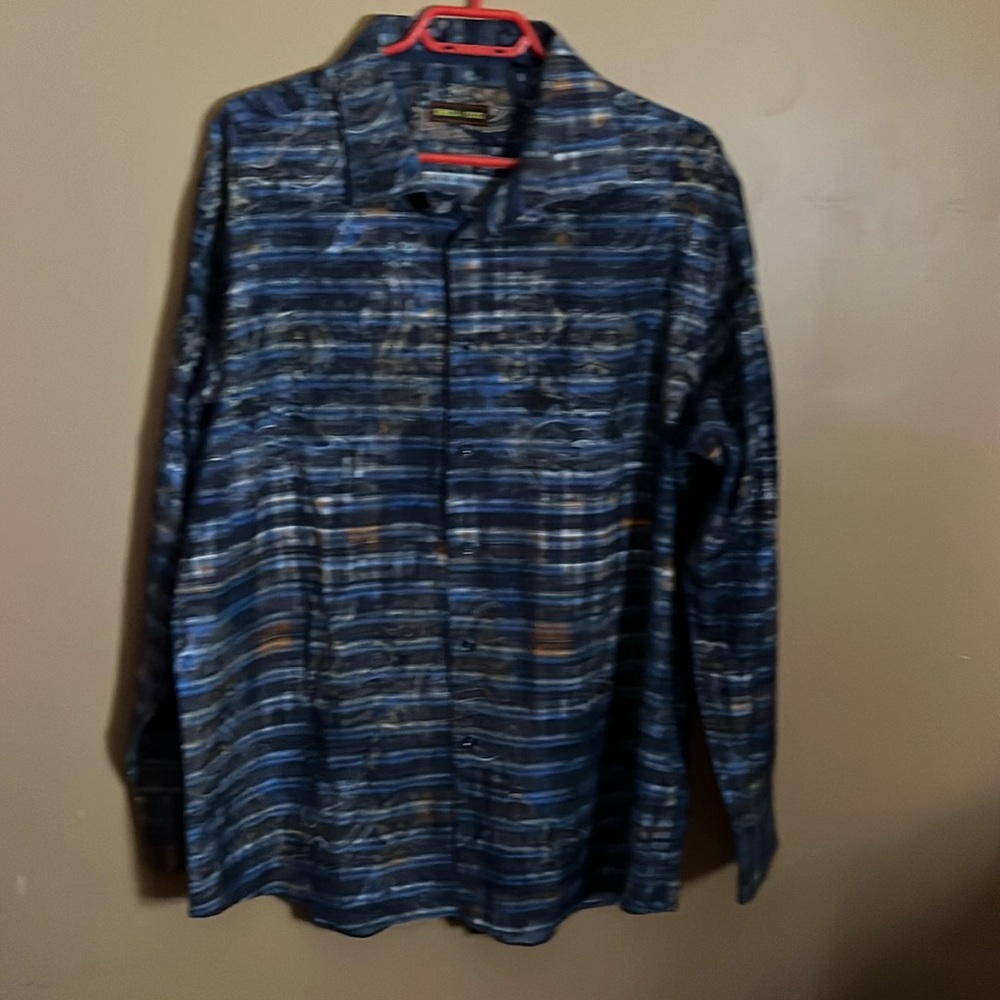 😄Funky pattern button up dress shirt. L3